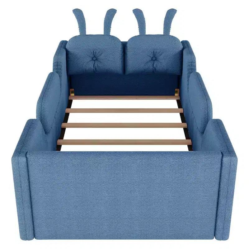 Lit plateforme double Whisen, cadre de lit rembourré pour enfants avec coussin lapin, barrières latérales amovibles