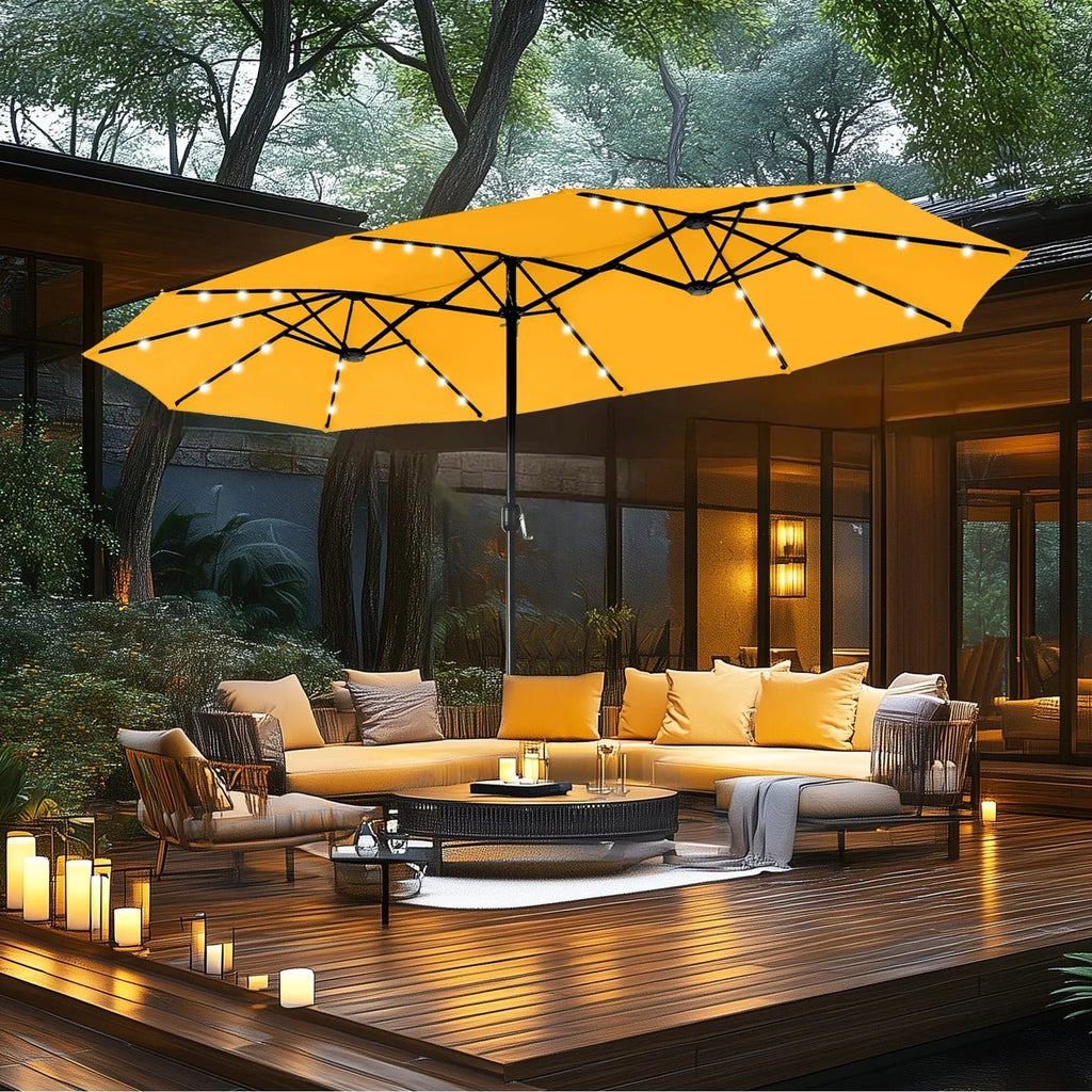 MAISON ARTS Parasol excentré rectangulaire de 4,5 m avec manivelle, parasol de marché double face d'extérieur avec lumières LED solaires et base incluse