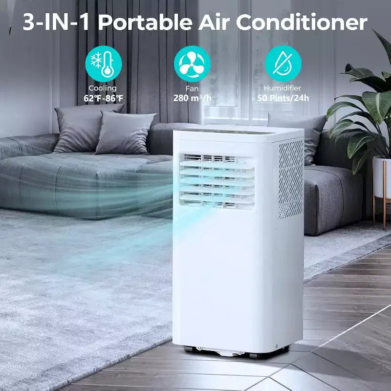 Climatiseur portable 8 000 BTU, unité 3-en-1 avec 4 modes, minuterie, écran LED, télécommande et kit d'installation, pour chambre/salon/bureau, Blanc.