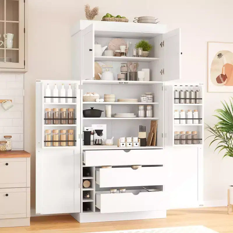 Garde-manger de cuisine autoportant 77H, armoire de rangement de style ferme avec étagères réglables, étagères de porte, tiroirs et casiers à vin - ModernLuxe