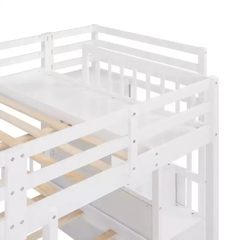 Lit superposé triple en bois Whisen, lit superposé double sur lits jumeaux avec tiroirs et garde-corps