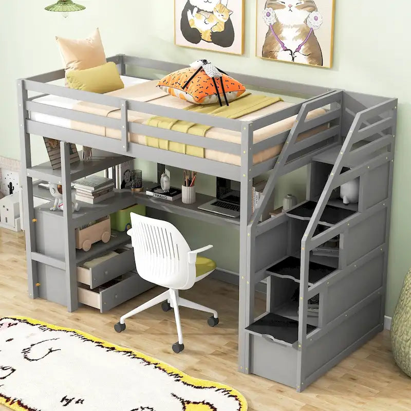 Lit mezzanine taille jumeau avec bureau et étagères, deux tiroirs intégrés, escalier de rangement