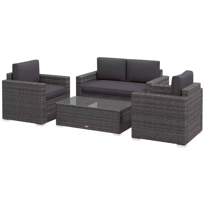 Ensemble de canapés en rotin 4 pièces, ensemble de canapés de patio en osier avec causeuse, chaises et table basse en verre pour jardin extérieur
