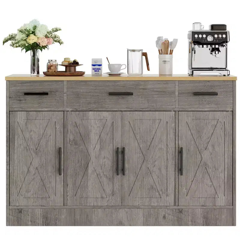 Buffet de cuisine Celebalcony avec rangement, grand buffet de cuisine de 135,6 cm avec 3 tiroirs et 4 portes, étagère réglable pour cuisine, salon