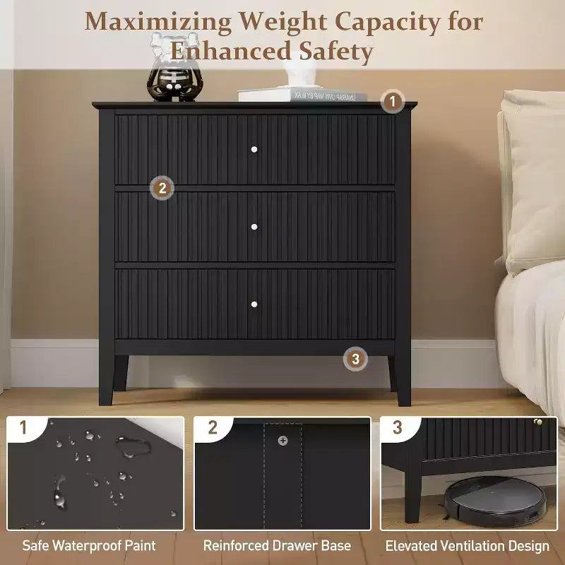 Heynemo Commode 3 Tiroirs, Table de Chevet en Bois Peint de 76 cm de Haut avec Rangement, Grande Commode Moderne avec Coulisses à Roulement à Billes