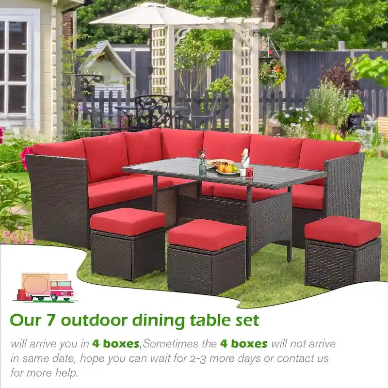 AECOJOY Salon de jardin d'angle 7 pièces en osier avec table à manger