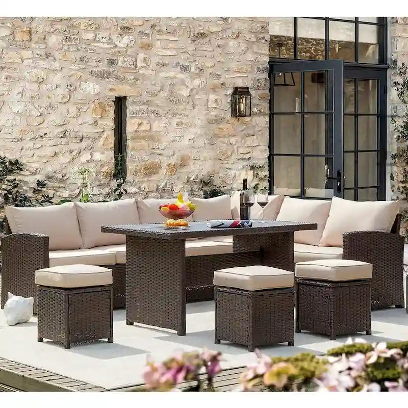 AECOJOY Salon de jardin d'angle 7 pièces en osier avec table à manger