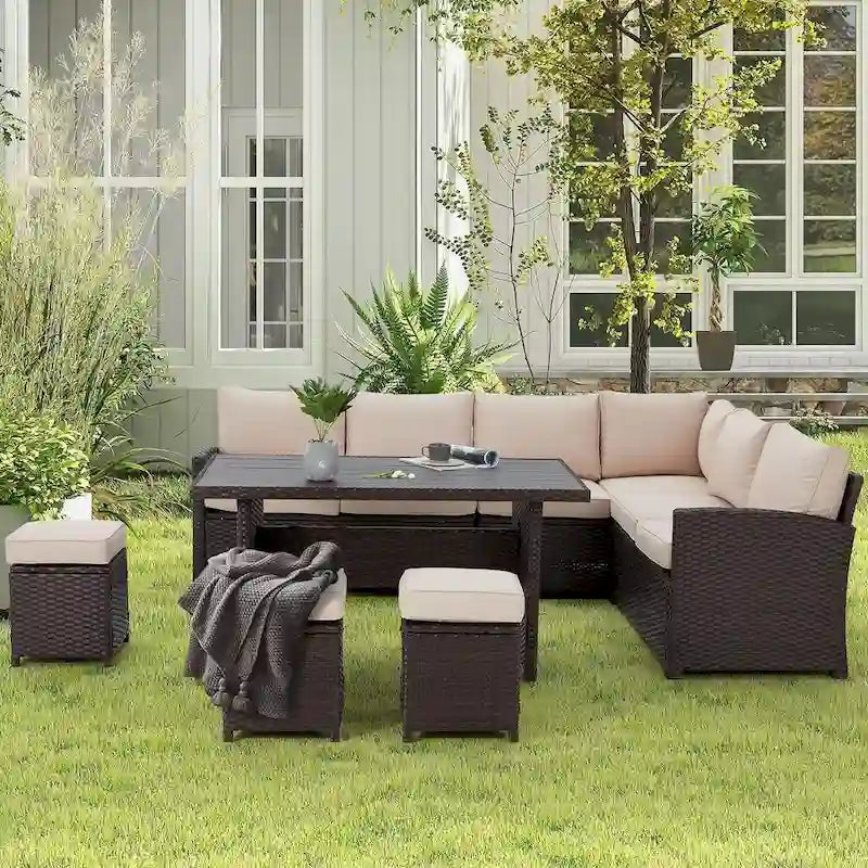 AECOJOY Salon de jardin d'angle 7 pièces en osier avec table à manger