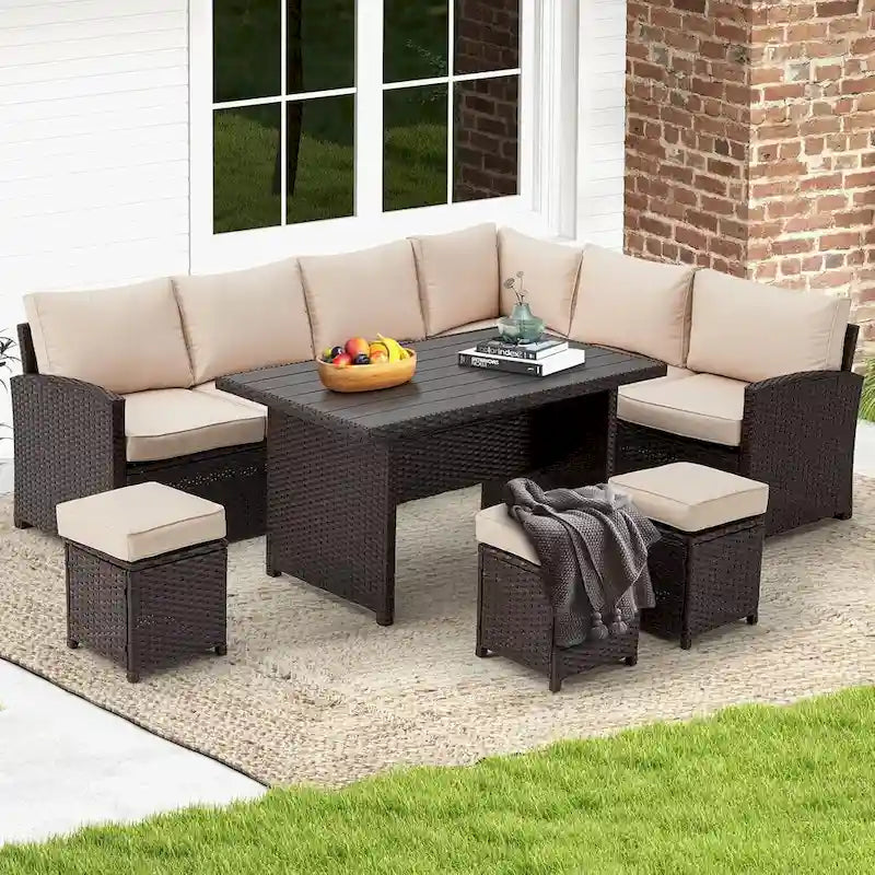 AECOJOY Salon de jardin d'angle 7 pièces en osier avec table à manger