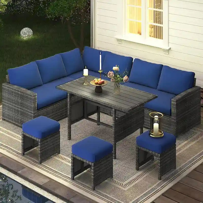 AECOJOY Salon de jardin d'angle 7 pièces en osier avec table à manger