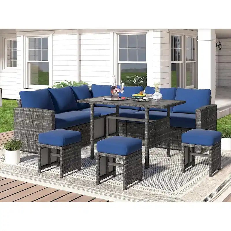 AECOJOY Salon de jardin d'angle 7 pièces en osier avec table à manger