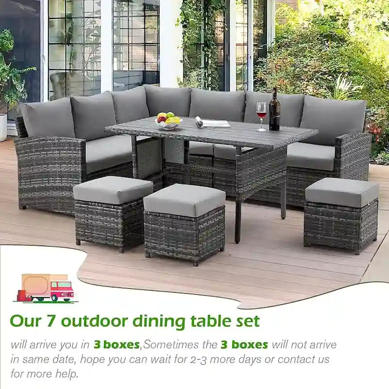 AECOJOY Salon de jardin d'angle 7 pièces en osier avec table à manger