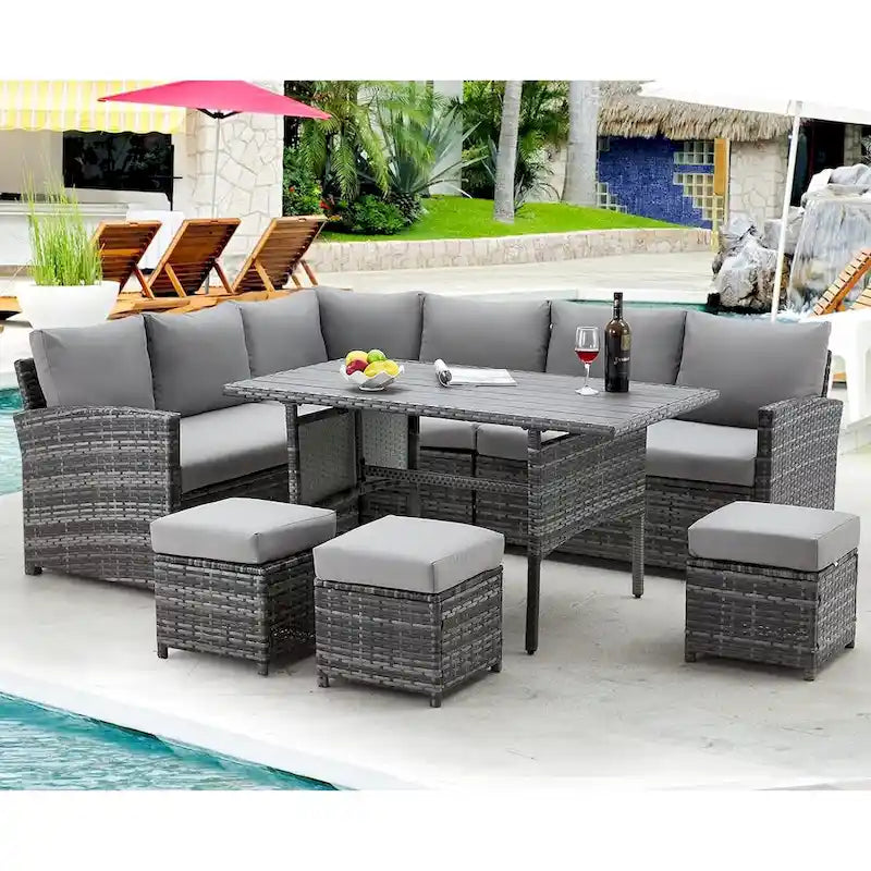 AECOJOY Salon de jardin d'angle 7 pièces en osier avec table à manger