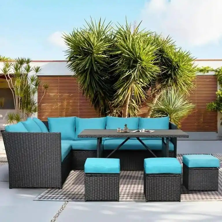 AECOJOY Salon de jardin d'angle 7 pièces en osier avec table à manger