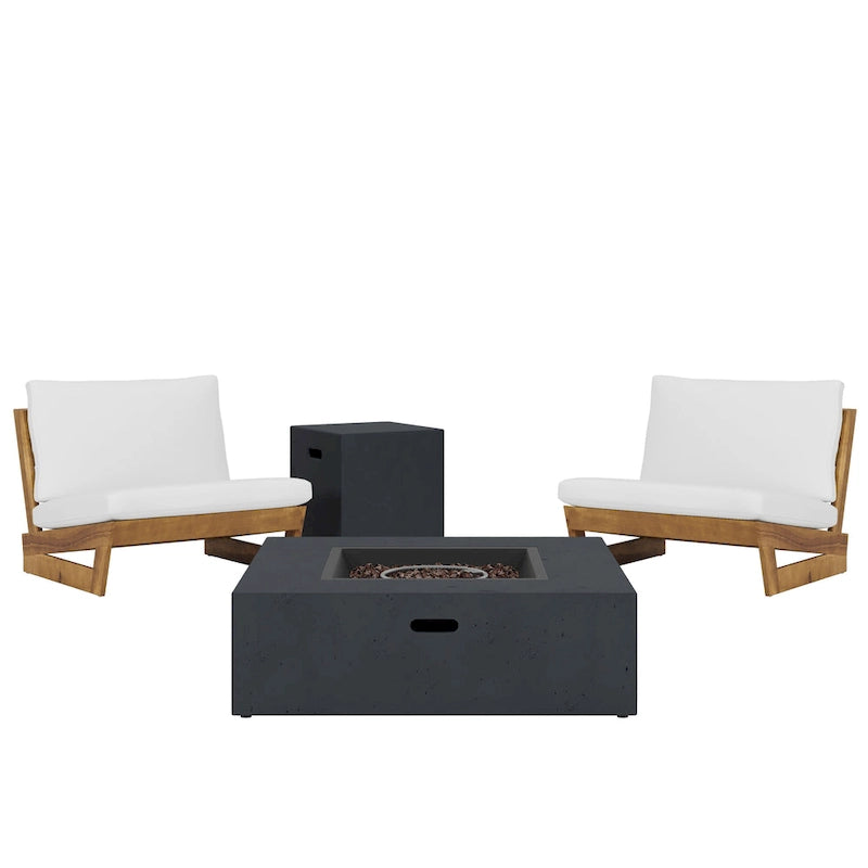 Chaises longues d'extérieur en bois d'acacia Sherwood et foyer carré au propane de 50 000 BTU de Christopher Knight Home
