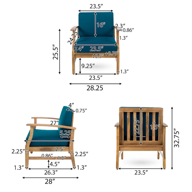 Fauteuil de club Perla d'extérieur en bois d'acacia avec coussin (lot de 4) par Christopher Knight Home
