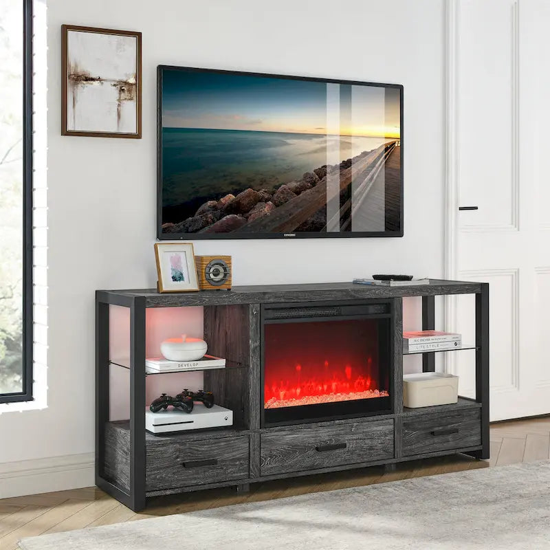 Meuble TV multimédia pour cheminée électrique de 60 pouces avec lumières LED colorées synchronisées - Couleur chêne rustique foncé