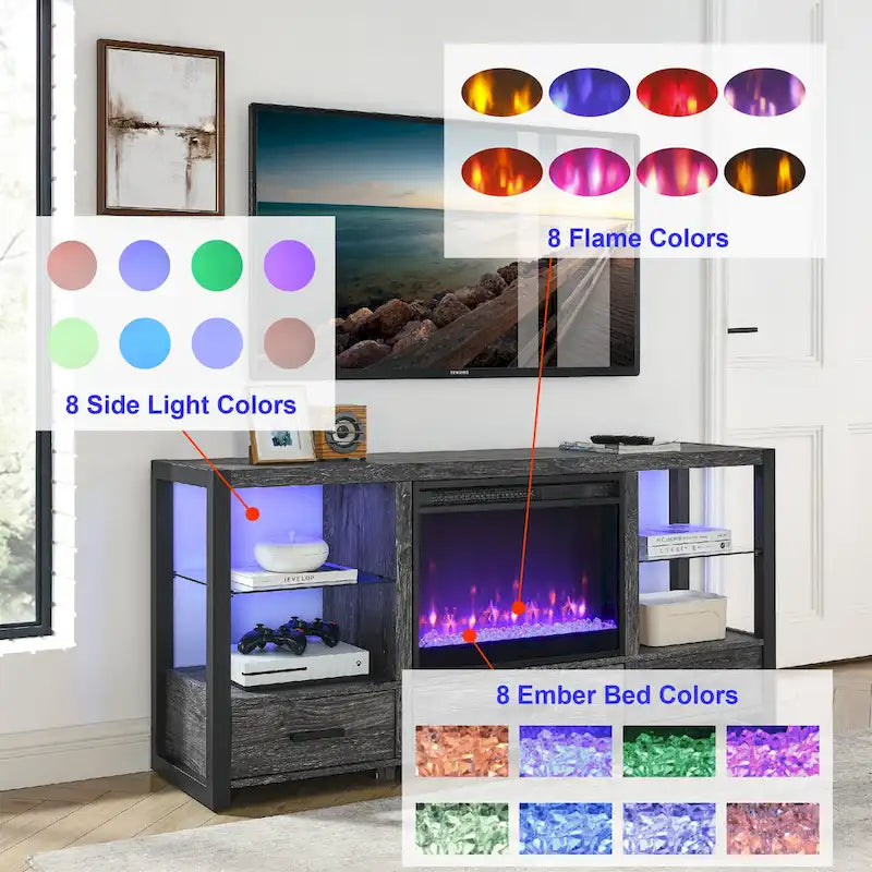 Meuble TV multimédia pour cheminée électrique de 60 pouces avec lumières LED colorées synchronisées - Couleur chêne rustique foncé