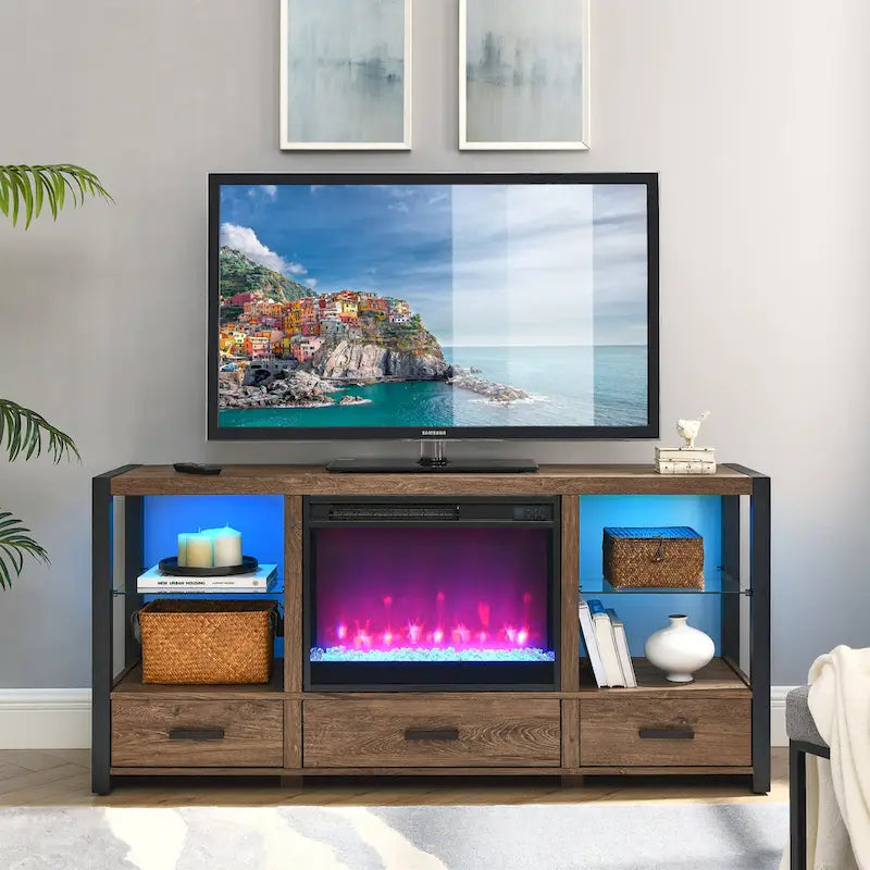 Meuble TV multimédia pour cheminée électrique de 60 pouces avec lumières LED colorées synchronisées - Couleur chêne rustique foncé