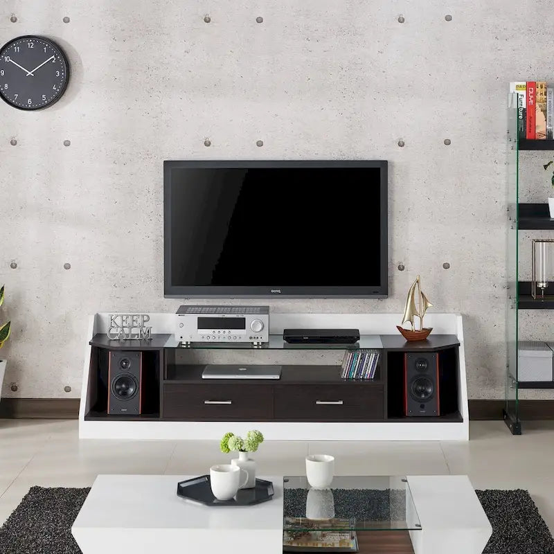 Meuble TV de rangement multifonctionnel Kax contemporain blanc de 70 pouces en verre par Furniture of America
