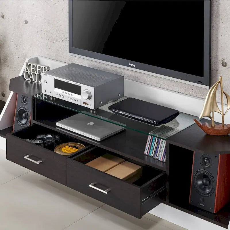 Meuble TV de rangement multifonctionnel Kax contemporain blanc de 70 pouces en verre par Furniture of America