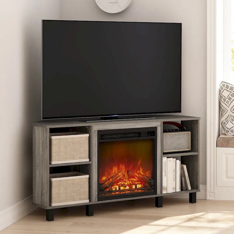 Meuble TV d'angle pour cheminée Furinno Jensen avec pieds en métal, pour téléviseurs jusqu'à 55 pouces