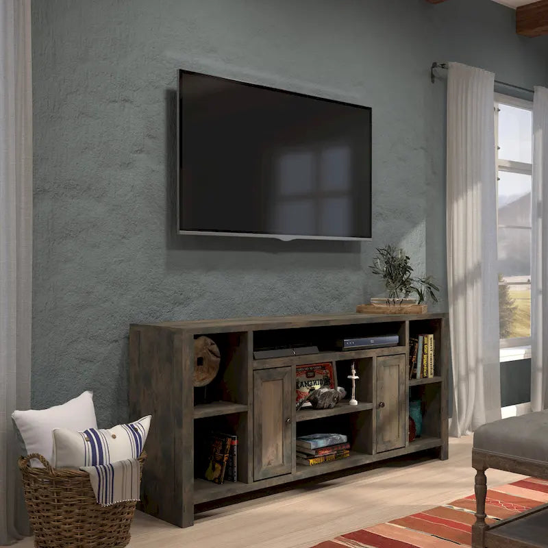 Meuble TV Bridgevine Home Joshua Creek de 74 pouces pour téléviseurs jusqu'à 85 pouces, aucun assemblage requis, finition bois de grange