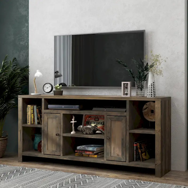 Meuble TV Bridgevine Home Joshua Creek de 74 pouces pour téléviseurs jusqu'à 85 pouces, aucun assemblage requis, finition bois de grange
