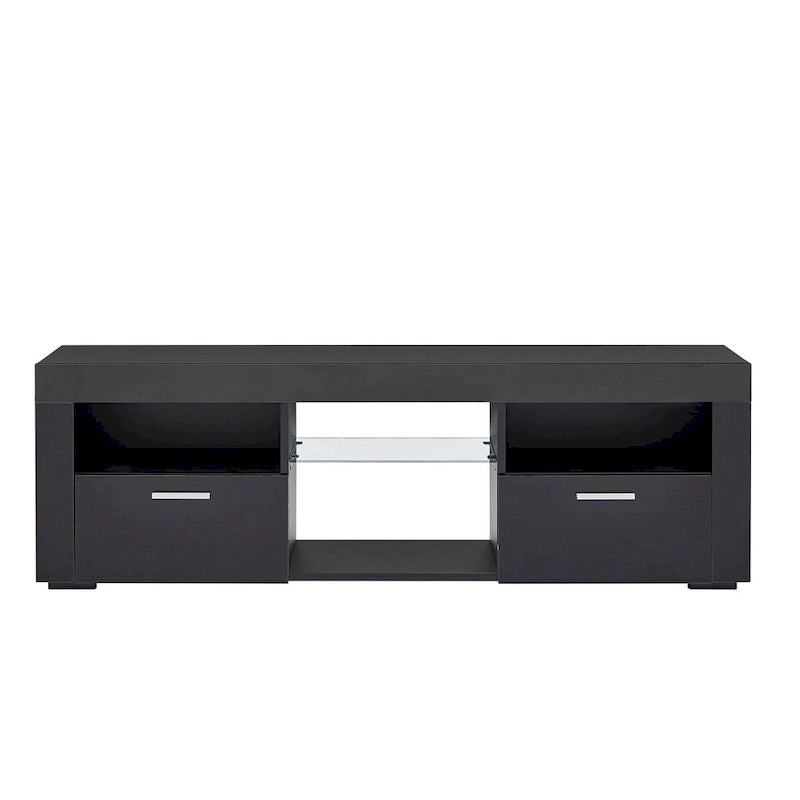 Meuble TV moderne de 130 cm avec étagères en verre et éclairage LED pour téléviseurs jusqu'à 175 cm