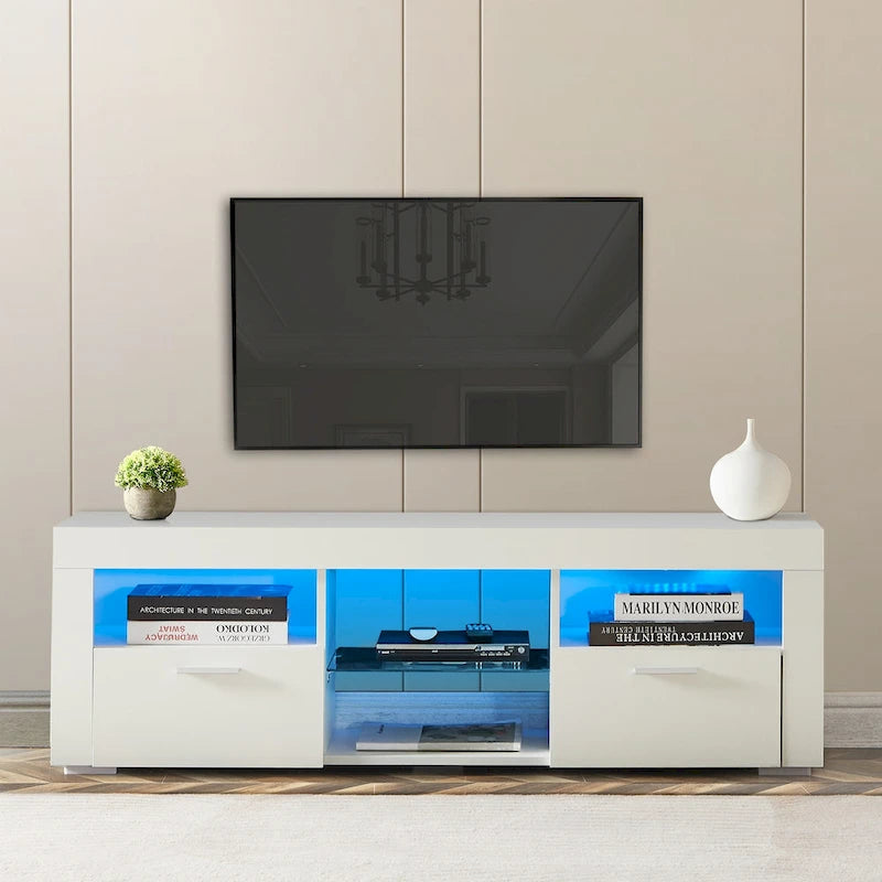 Meuble TV moderne de 130 cm avec étagères en verre et éclairage LED pour téléviseurs jusqu'à 175 cm