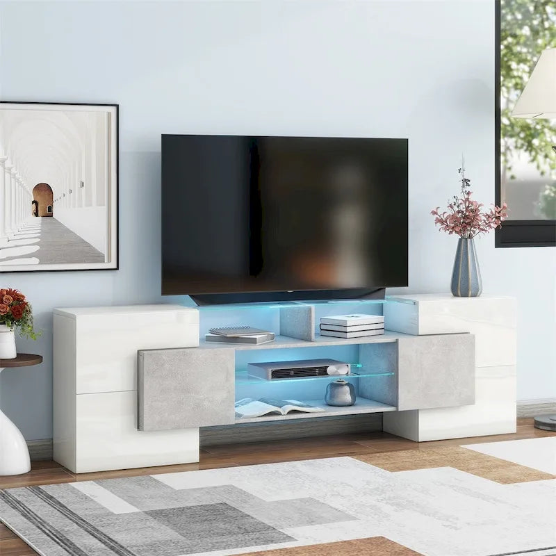 Meuble TV Merax avec 2 étagères en verre illuminées, meuble TV laqué brillant pour téléviseurs jusqu'à 80 pouces - n/a