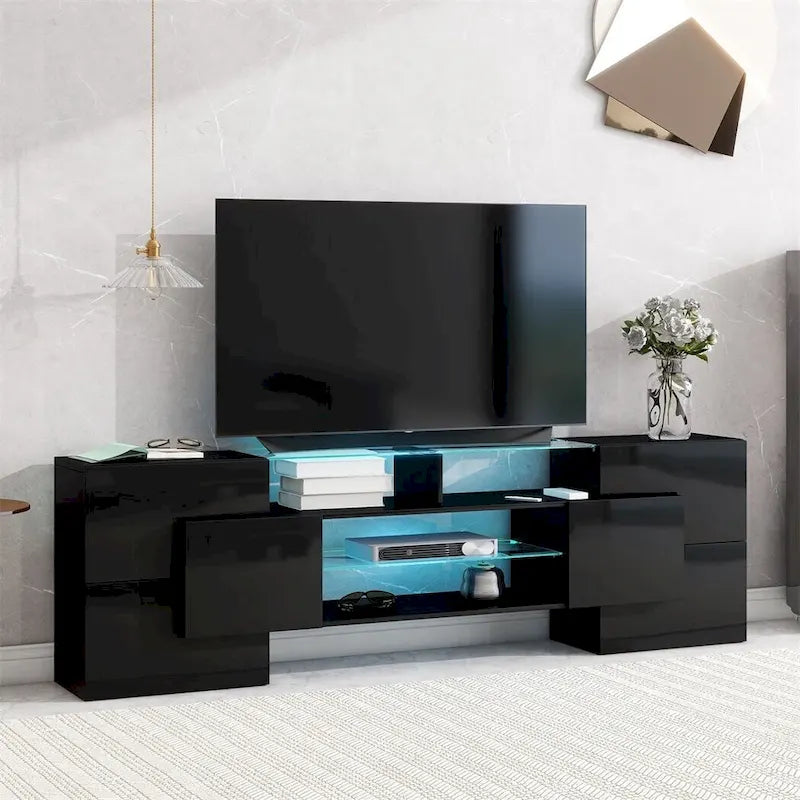 Meuble TV Merax avec 2 étagères en verre illuminées, meuble TV laqué brillant pour téléviseurs jusqu'à 80 pouces - n/a