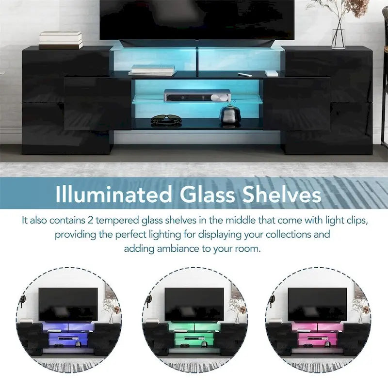 Meuble TV Merax avec 2 étagères en verre illuminées, meuble TV laqué brillant pour téléviseurs jusqu'à 80 pouces - n/a
