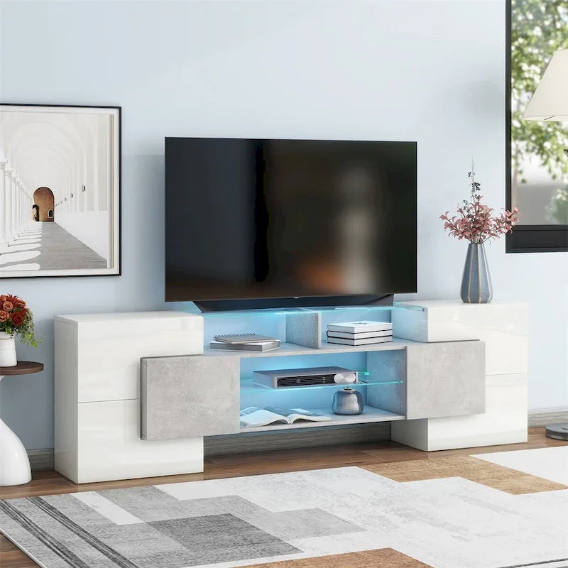 Meuble TV Merax avec 2 étagères en verre illuminées, meuble TV laqué brillant pour téléviseurs jusqu'à 80 pouces - n/a