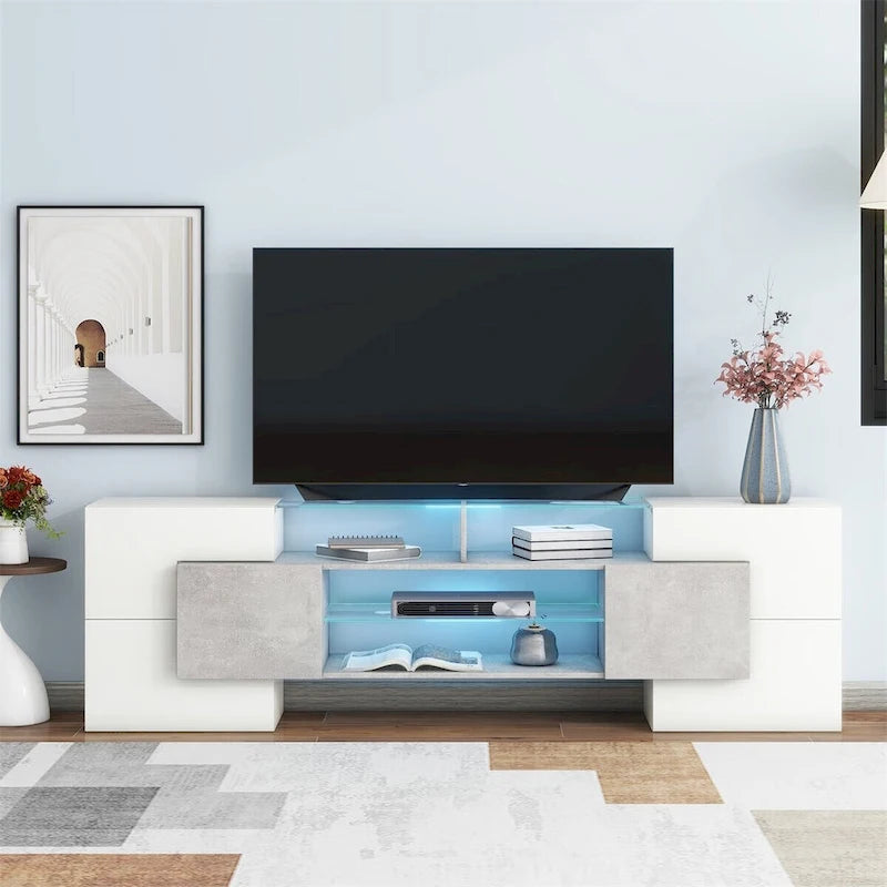 Meuble TV Merax avec 2 étagères en verre illuminées, meuble TV laqué brillant pour téléviseurs jusqu'à 80 pouces - n/a