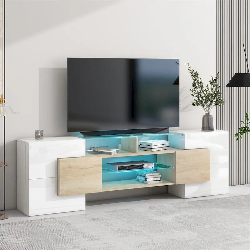 Meuble TV Merax avec 2 étagères en verre illuminées, meuble TV laqué brillant pour téléviseurs jusqu'à 80 pouces - n/a