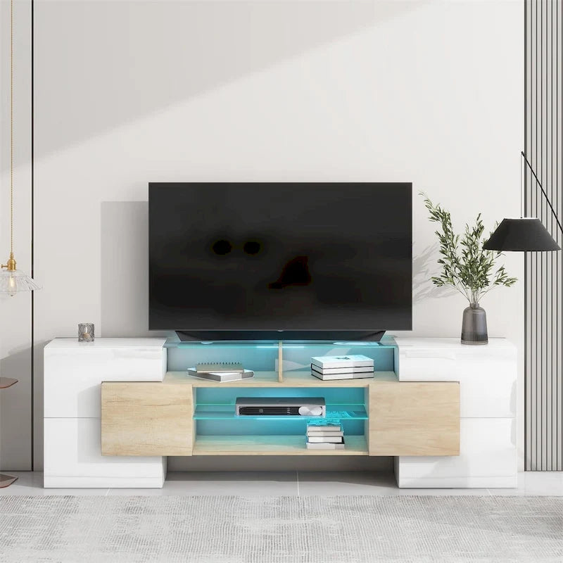 Meuble TV Merax avec 2 étagères en verre illuminées, meuble TV laqué brillant pour téléviseurs jusqu'à 80 pouces - n/a