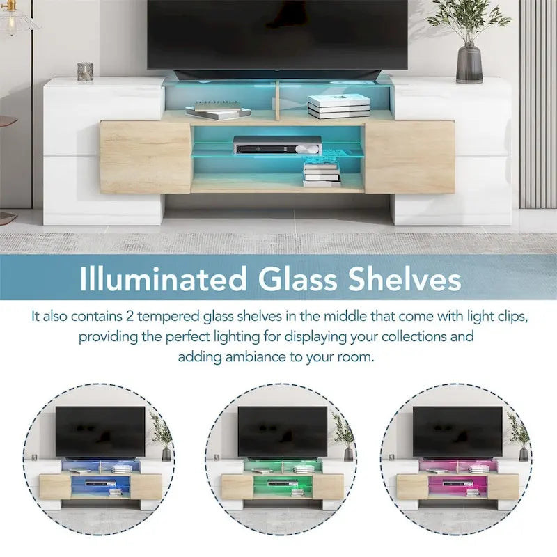 Meuble TV Merax avec 2 étagères en verre illuminées, meuble TV laqué brillant pour téléviseurs jusqu'à 80 pouces - n/a