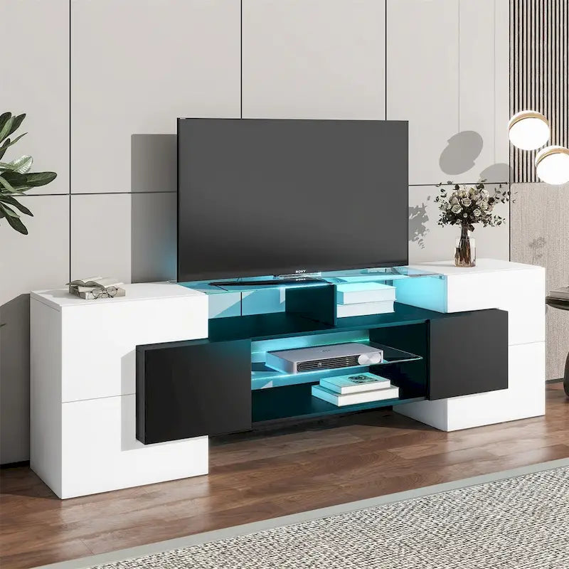 Meuble TV Merax avec 2 étagères en verre illuminées, meuble TV laqué brillant pour téléviseurs jusqu'à 80 pouces - n/a
