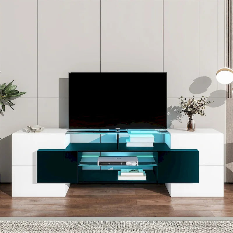 Meuble TV Merax avec 2 étagères en verre illuminées, meuble TV laqué brillant pour téléviseurs jusqu'à 80 pouces - n/a