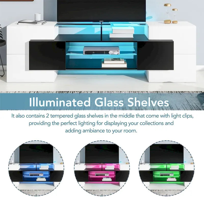 Meuble TV Merax avec 2 étagères en verre illuminées, meuble TV laqué brillant pour téléviseurs jusqu'à 80 pouces - n/a