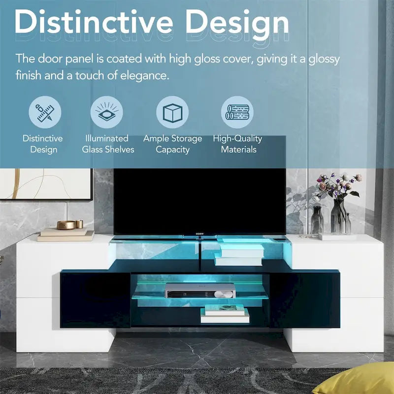 Meuble TV Merax avec 2 étagères en verre illuminées, meuble TV laqué brillant pour téléviseurs jusqu'à 80 pouces - n/a