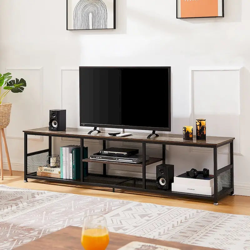 Meuble TV industriel Javlergo, console média de divertissement avec rangement et étagère en maille pour salon/chambre à coucher, marron