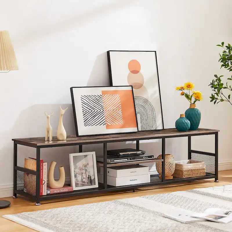 Meuble TV industriel Javlergo, console média de divertissement avec rangement et étagère en maille pour salon/chambre à coucher, marron