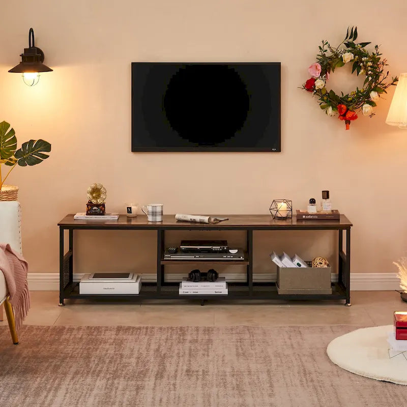 Meuble TV industriel Javlergo, console média de divertissement avec rangement et étagère en maille pour salon/chambre à coucher, marron