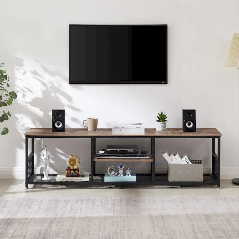 Meuble TV industriel Javlergo, console média de divertissement avec rangement et étagère en maille pour salon/chambre à coucher, marron