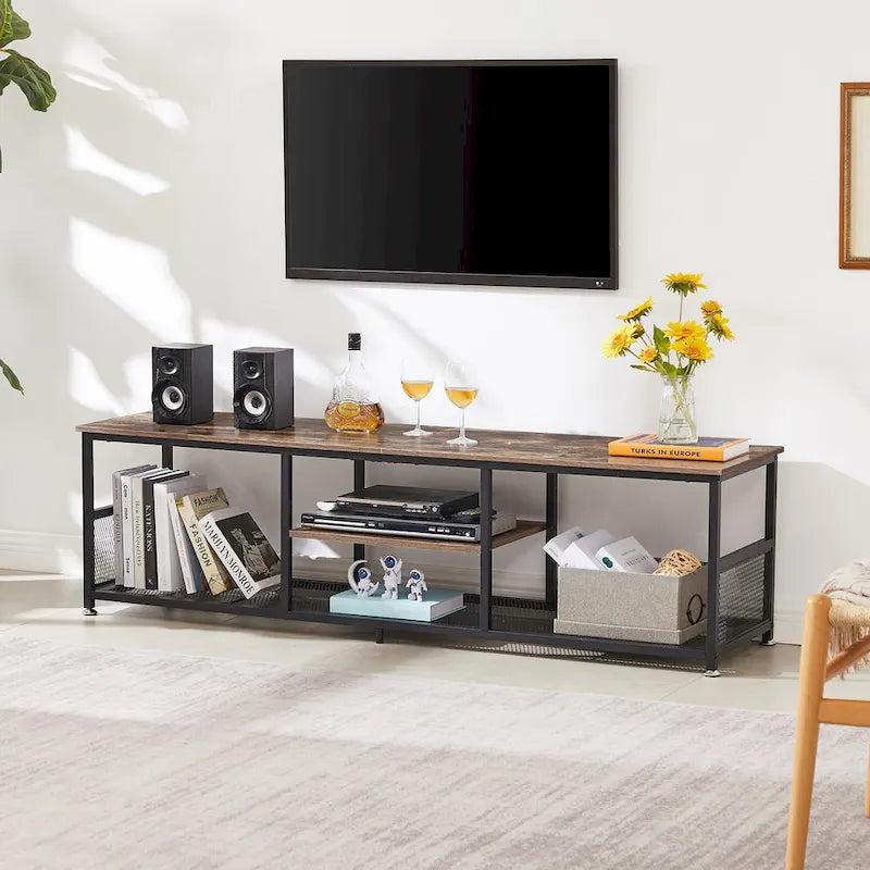 Meuble TV industriel Javlergo, console média de divertissement avec rangement et étagère en maille pour salon/chambre à coucher, marron