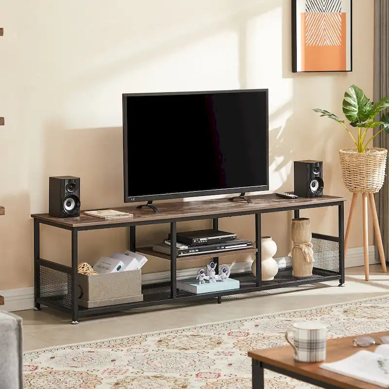 Meuble TV industriel Javlergo, console média de divertissement avec rangement et étagère en maille pour salon/chambre à coucher, marron