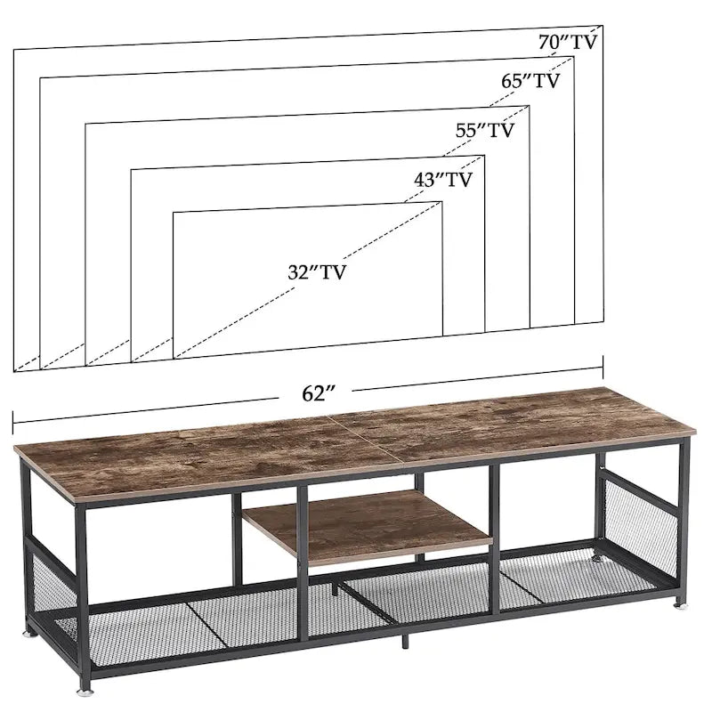 Meuble TV industriel Javlergo, console média de divertissement avec rangement et étagère en maille pour salon/chambre à coucher, marron