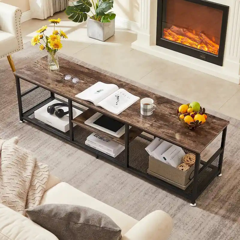 Meuble TV industriel Javlergo, console média de divertissement avec rangement et étagère en maille pour salon/chambre à coucher, marron